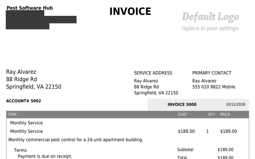 GorillaDesk invoice PDF showing a single line item for Monthly Service with a price of 189 dollars, a payment terms line reading Payment is due on receipt, and a notes line reading Thank you for your business.