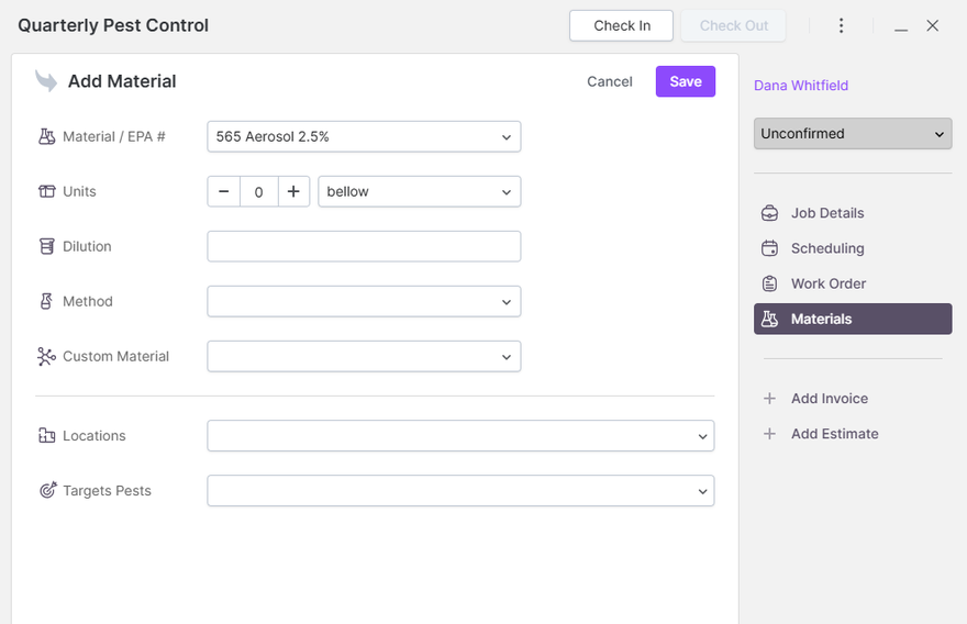 GorillaDesk Add Material form showing seven fields: Material / EPA # as a dropdown, Units with a number box and a unit picker, Dilution as free text, Method, Custom Material, Locations and Targets Pests as pickers, with the Materials tab selected in the right-hand rail.