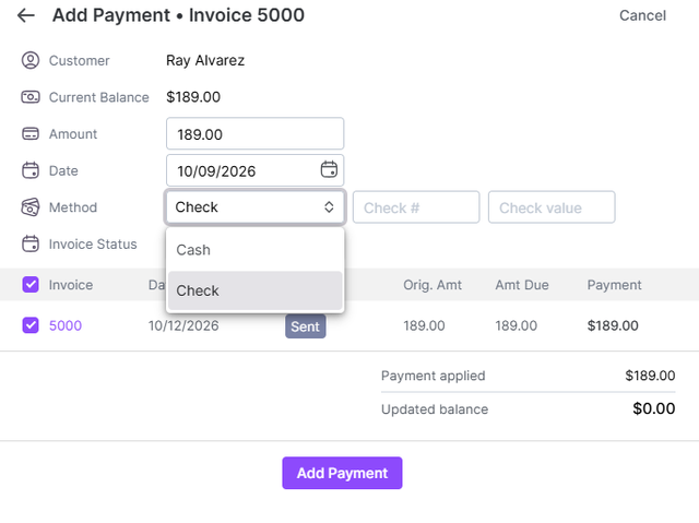 GorillaDesk Add Payment screen with the method dropdown open showing only two options, Cash and Check.