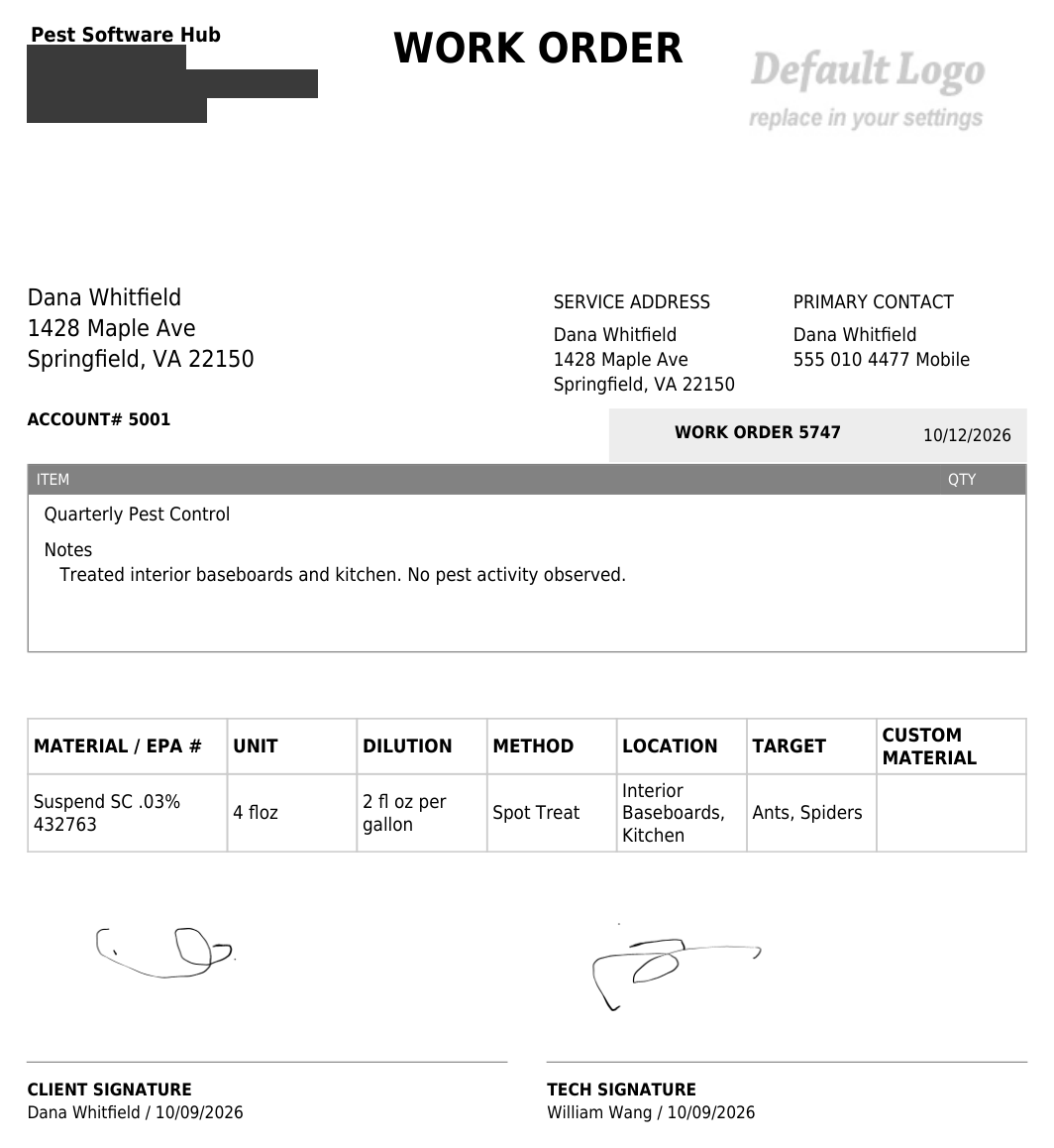 Exported GorillaDesk work order PDF showing the customer block, the service item with a work order note, the pesticide application table, and client and technician signature blocks with printed names and the signing date.