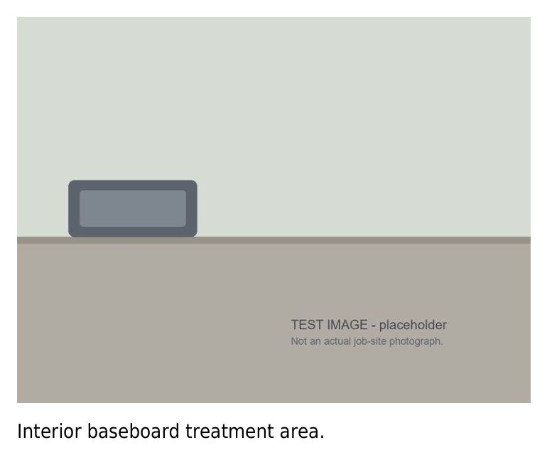 Second page of an exported GorillaDesk work order showing a photo attached to the job with the caption Interior baseboard treatment area printed underneath it.