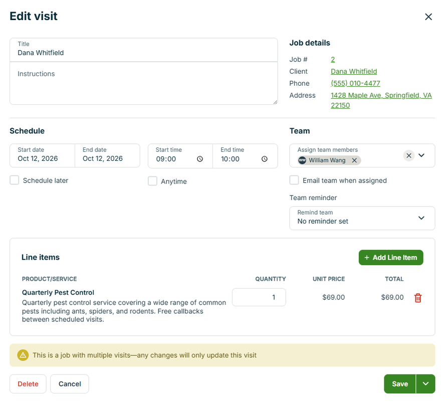 Jobber's edit visit form showing Title, Instructions, Schedule, Team and Line items, with no pesticide, chemical or EPA fields anywhere on the form.