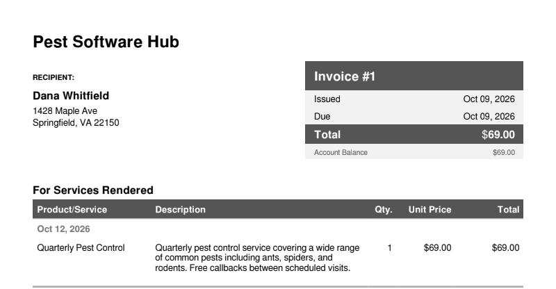 Top portion of a Jobber invoice PDF showing the company name, recipient block, invoice number box and a line item for quarterly pest control at $69.