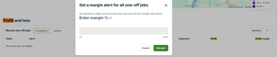 Jobber margin alert dialog: set a margin alert for all one-off jobs, with a slider to choose the minimum margin percentage.