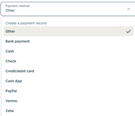 Jobber payment method dropdown listing Other, Bank payment, Cash, Check, Credit/debit card, Cash App, PayPal, Venmo and Zelle.